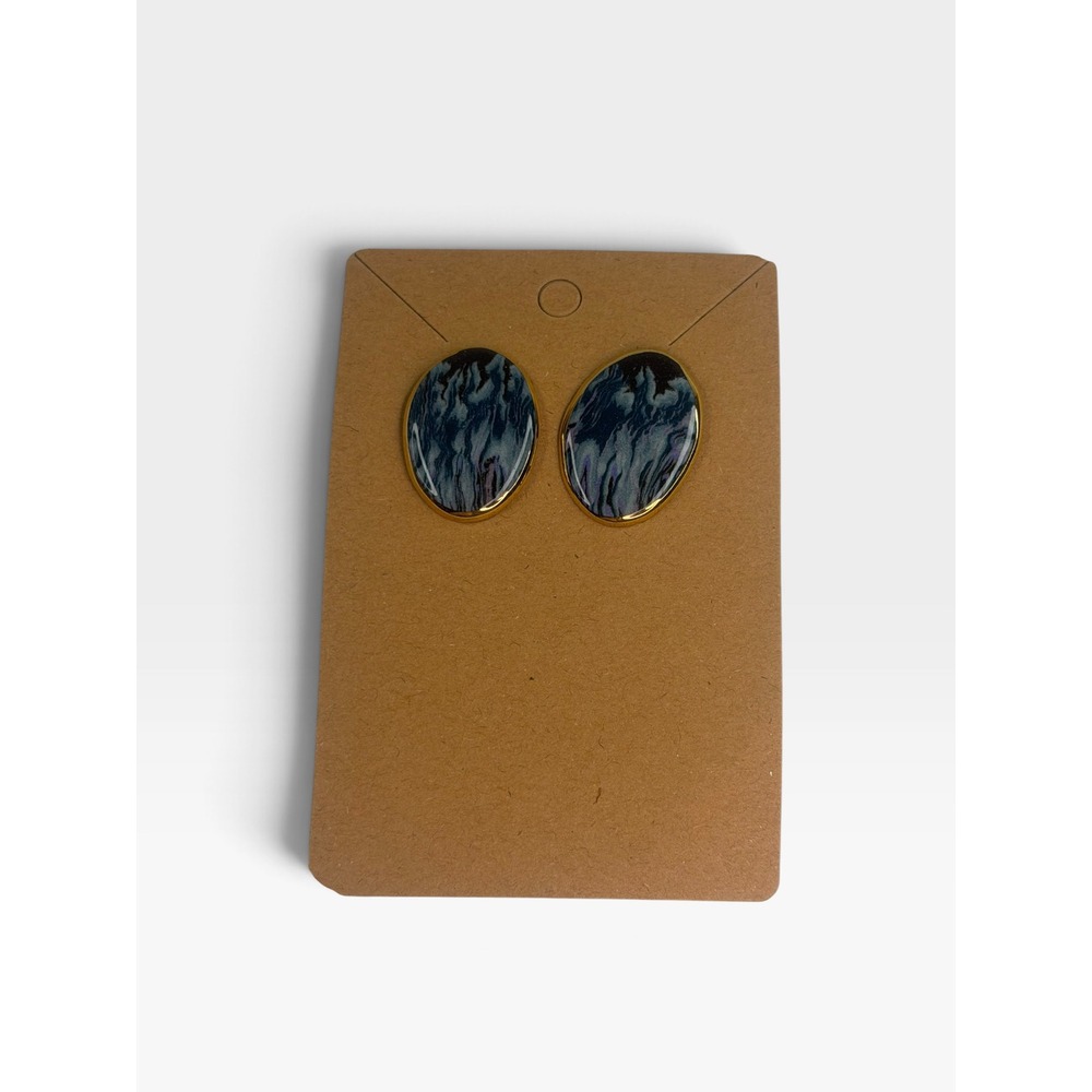 Blue Marbled Oval Stud Earrings Gold Tone Swirl Pattern Statement Jewelry